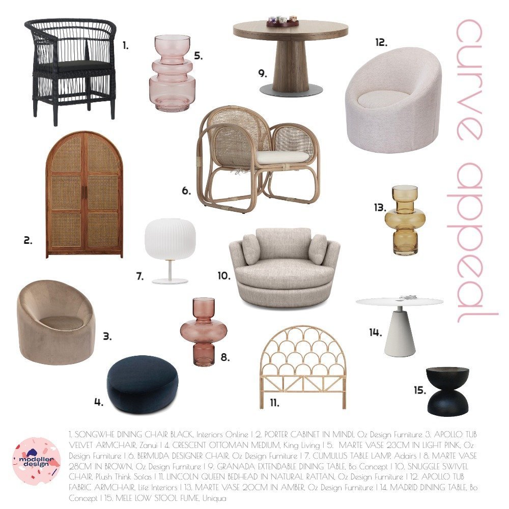 Moodboard featuring curved furniture