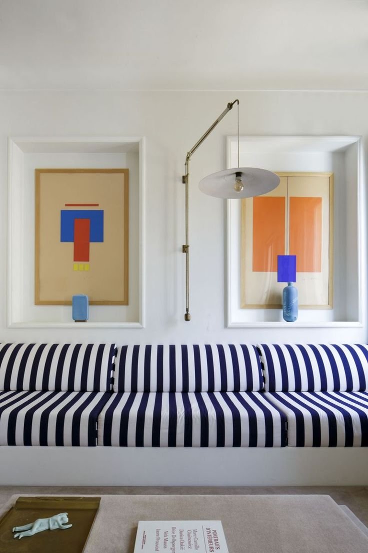 Blue & White striped banquet seating in living room in Monaco