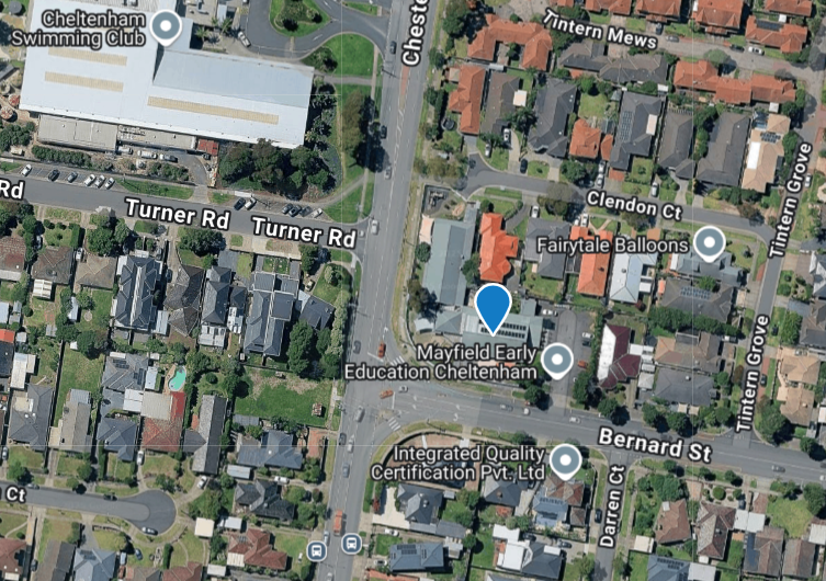 Aerial and street views of 1A Bernard Street, Cheltenham — a childcare centre surrounded by high-traffic intersections and heavy vehicle routes.