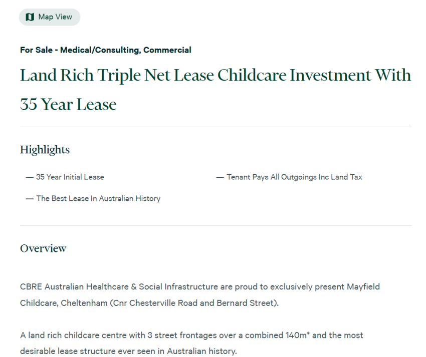 Commercial Real Estate Listing of 1A Bernard Street, Cheltenham — a childcare centre surrounded by high-traffic intersections and heavy vehicle routes.