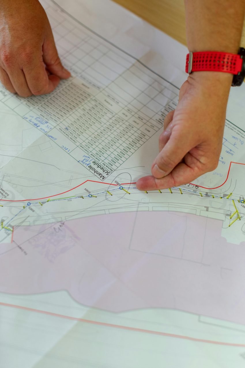 The image shows engineering plans being compared with data