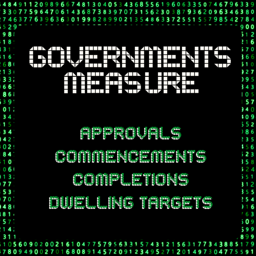 Government housing metrics include approvals, commencements, completions and dwelling targets